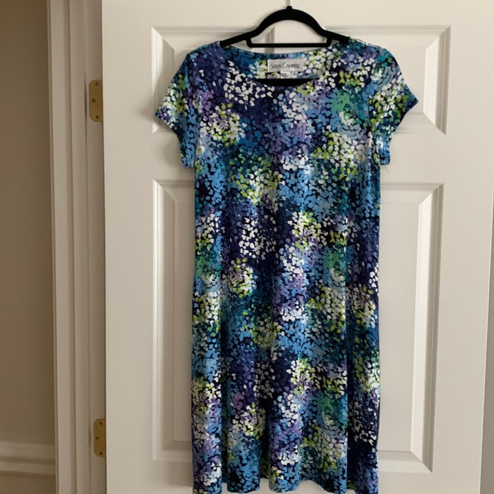 Sara Campbell Size M stunning Hydrandra Print cap Sleeve Flaired dress w pockets